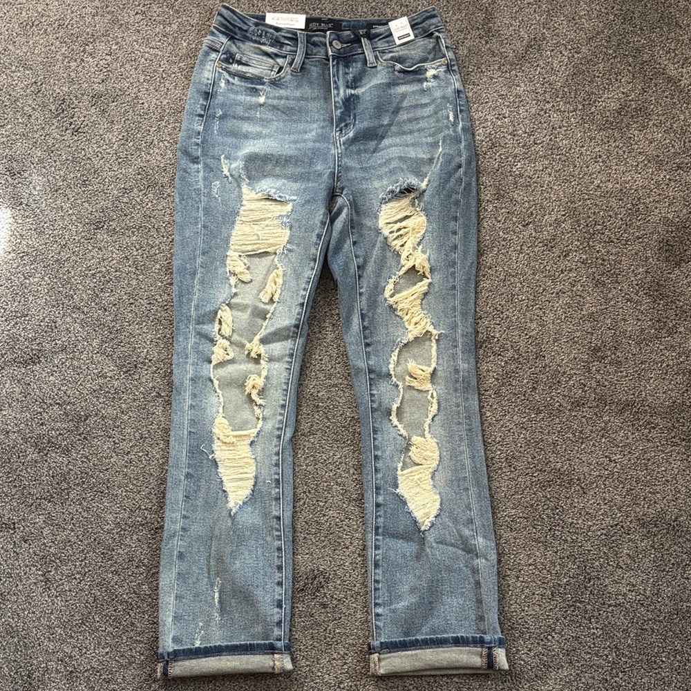 Judy Blue Ripped Boyfriend Jeans - Blue